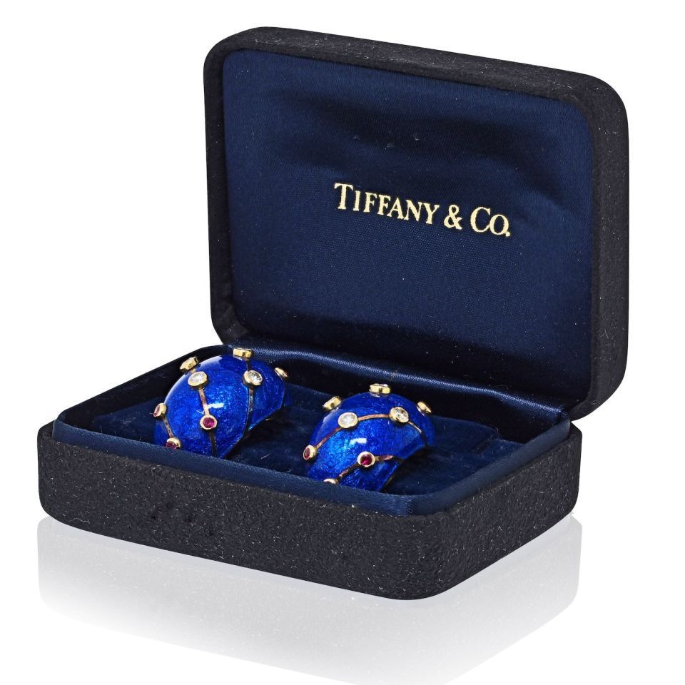 Tiffany & Co. Schlumberger 18K Yellow Gold Blue Enamel Ruby And Diamond Banana Earrings — view 5 — Laura Milman New York