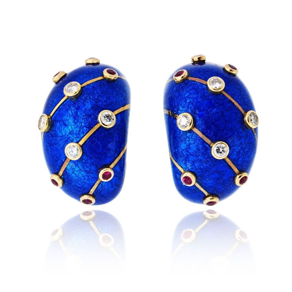 Tiffany & Co. Schlumberger 18K Yellow Gold Blue Enamel Ruby And Diamond Banana Earrings — Laura Milman New York