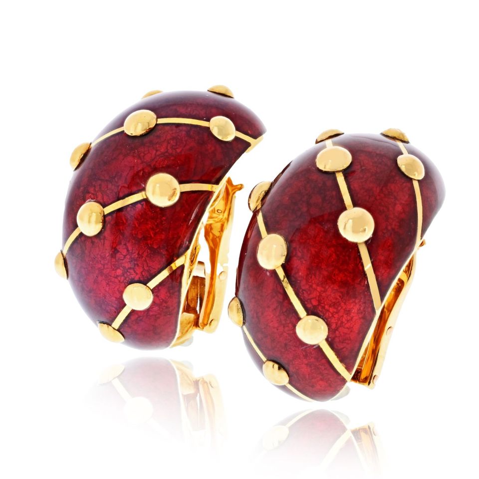 Tiffany & Co. Schlumberger 18K Yellow Gold Red Enamel Banana Earrings — view 2 — Laura Milman New York