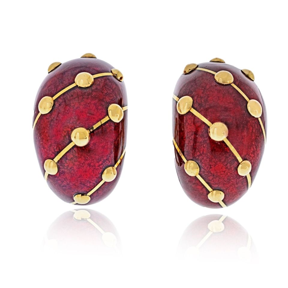 Tiffany & Co. Schlumberger 18K Yellow Gold Red Enamel Banana Earrings — Laura Milman New York