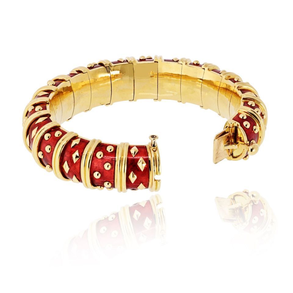 Tiffany & Co. Schlumberger 18K Yellow Gold Dot Losange Red Enamel Bangle Bracelet — view 2 — Laura Milman New York