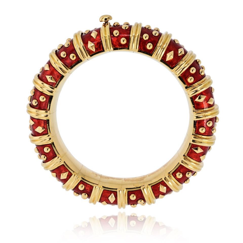 Tiffany & Co. Schlumberger 18K Yellow Gold Dot Losange Red Enamel Bangle Bracelet — view 4 — Laura Milman New York
