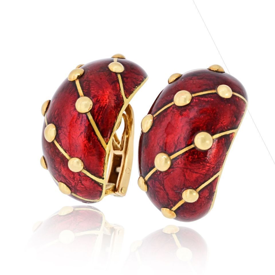 Tiffany & Co. Schlumberger 18K Yellow Gold Red Enamel Diamond Banana Earrings — view 2 — Laura Milman New York