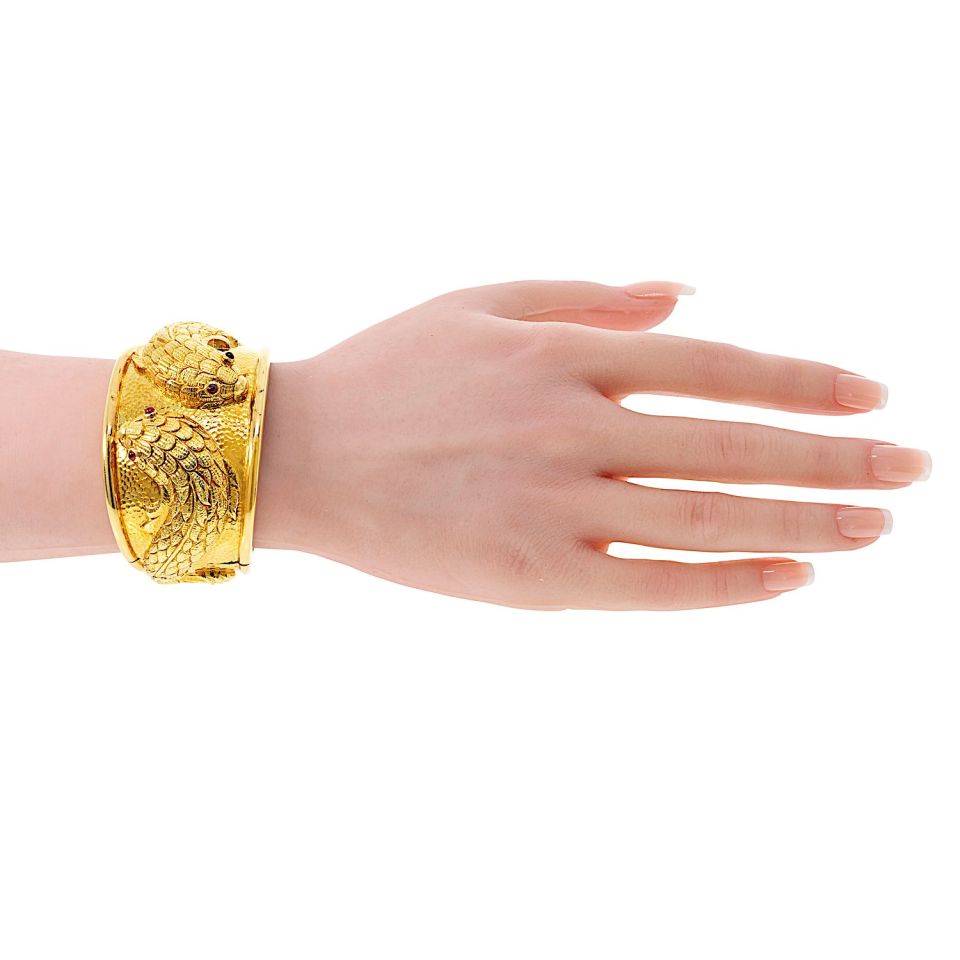 David Webb 18K Yellow Gold Double Fish With Ruby Eyes Bracelet — view 5 — Laura Milman New York