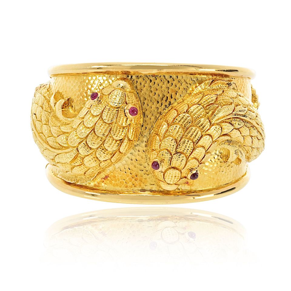 David Webb 18K Yellow Gold Double Fish With Ruby Eyes Bracelet — Laura Milman New York