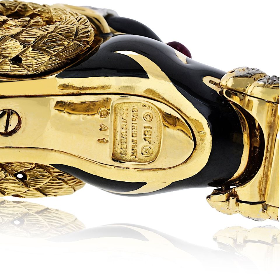 David Webb 18K Yellow Gold Vintage Ram With Green Emerald And Diamonds Bangle Bracelet — view 4 — Laura Milman New York