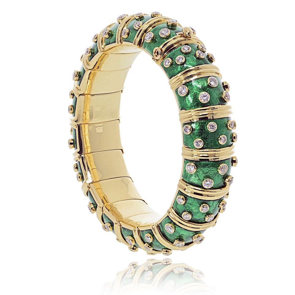 Tiffany & Co. Schlumberger 18K Yellow Gold Green Enamel Diamond Bracelet — view 2 — Laura Milman New York