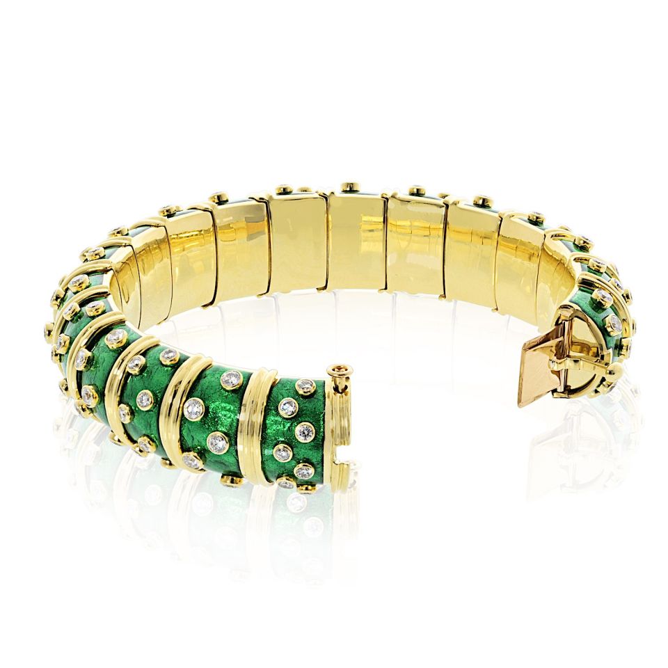 Tiffany & Co. Schlumberger 18K Yellow Gold Green Enamel Diamond Bracelet — view 3 — Laura Milman New York