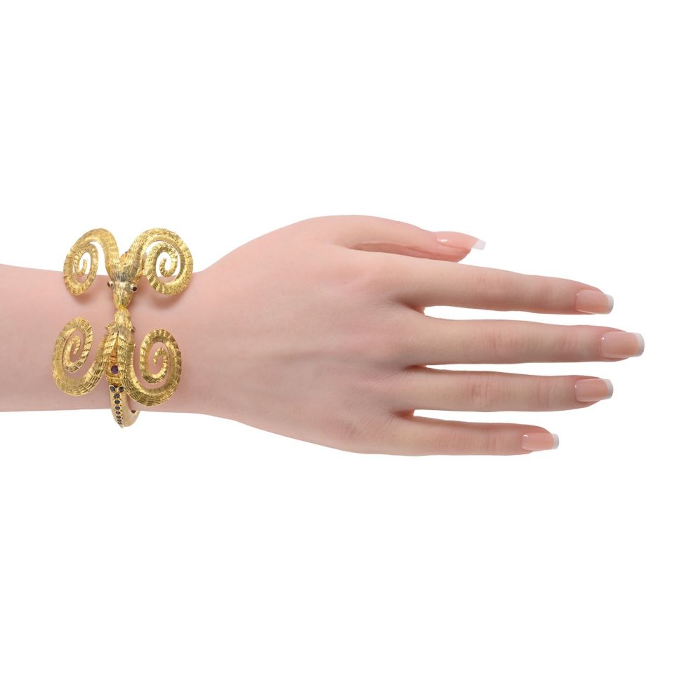 Ilias Lalaounis Vintage 18K Yellow Gold Double Ram Ruby Bracelet — view 5 — Laura Milman New York