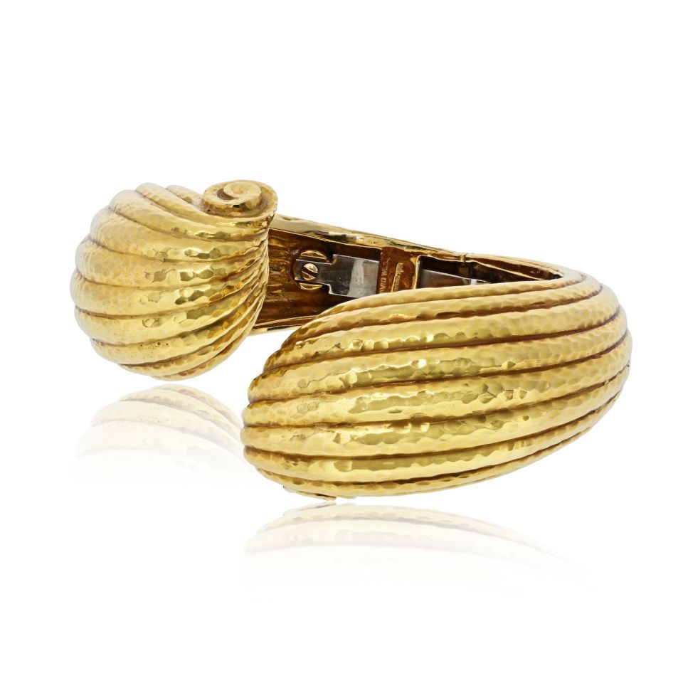 David Webb 18K Yellow Gold Scroll Crossover Fluted Bracelet — view 2 — Laura Milman New York
