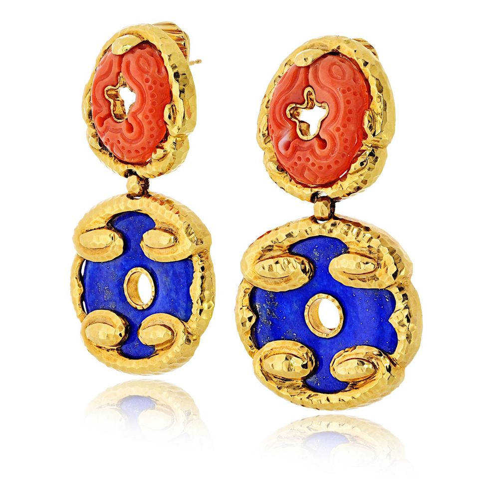 David Webb 18K Yellow Gold Lapis And Carved Coral Hammered Finish Earrings — view 2 — Laura Milman New York