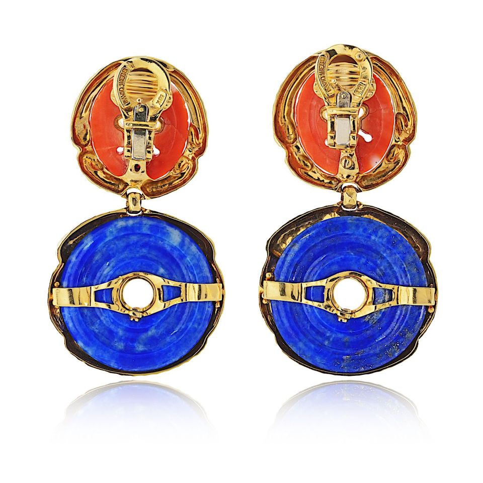 David Webb 18K Yellow Gold Lapis And Carved Coral Hammered Finish Earrings — view 4 — Laura Milman New York