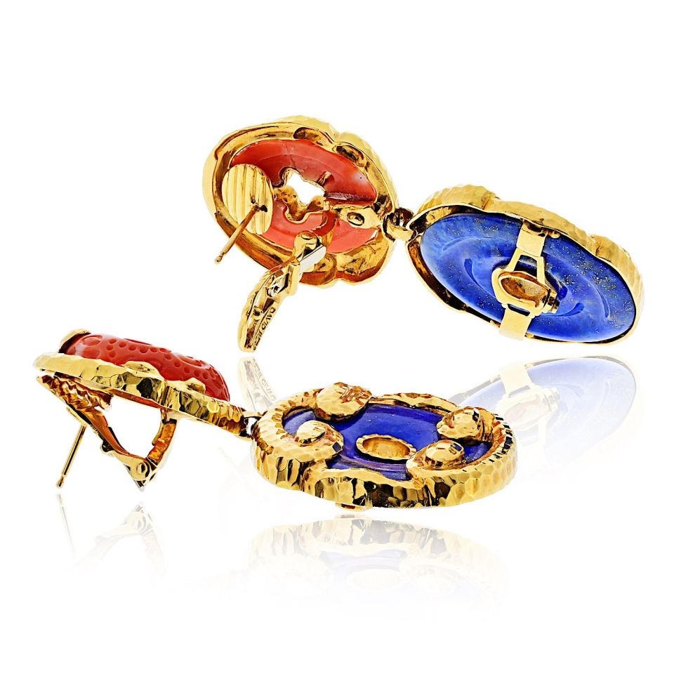 David Webb 18K Yellow Gold Lapis And Carved Coral Hammered Finish Earrings — view 6 — Laura Milman New York