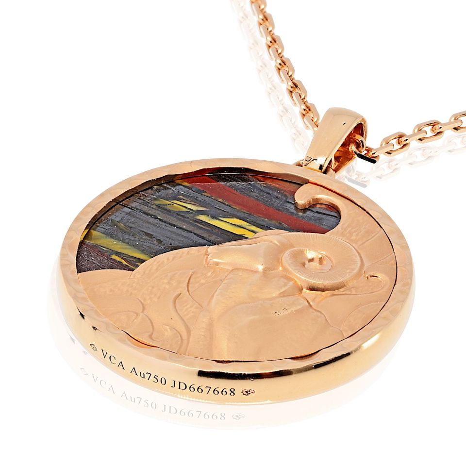 Van Cleef & Arpels Aries 18K Rose Gold Medallion On A 34 Inch Chain Pendant — view 11 — Laura Milman New York