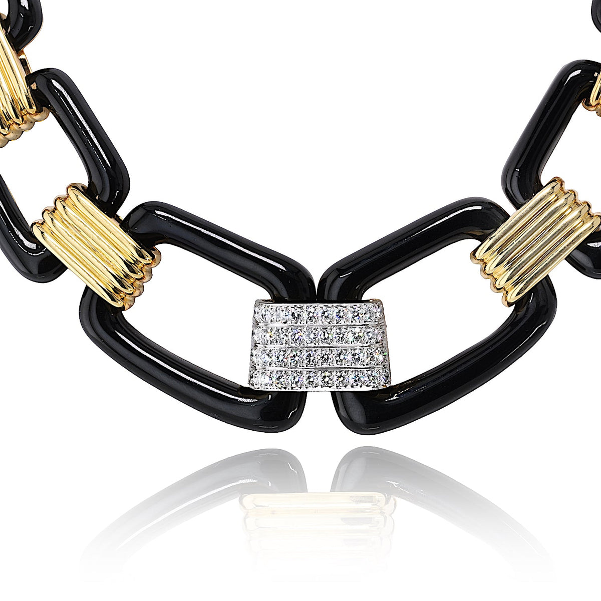 David Webb 18K Yellow Gold Black Enamel Large Link Gold Stations Necklace — view 4 — Laura Milman New York