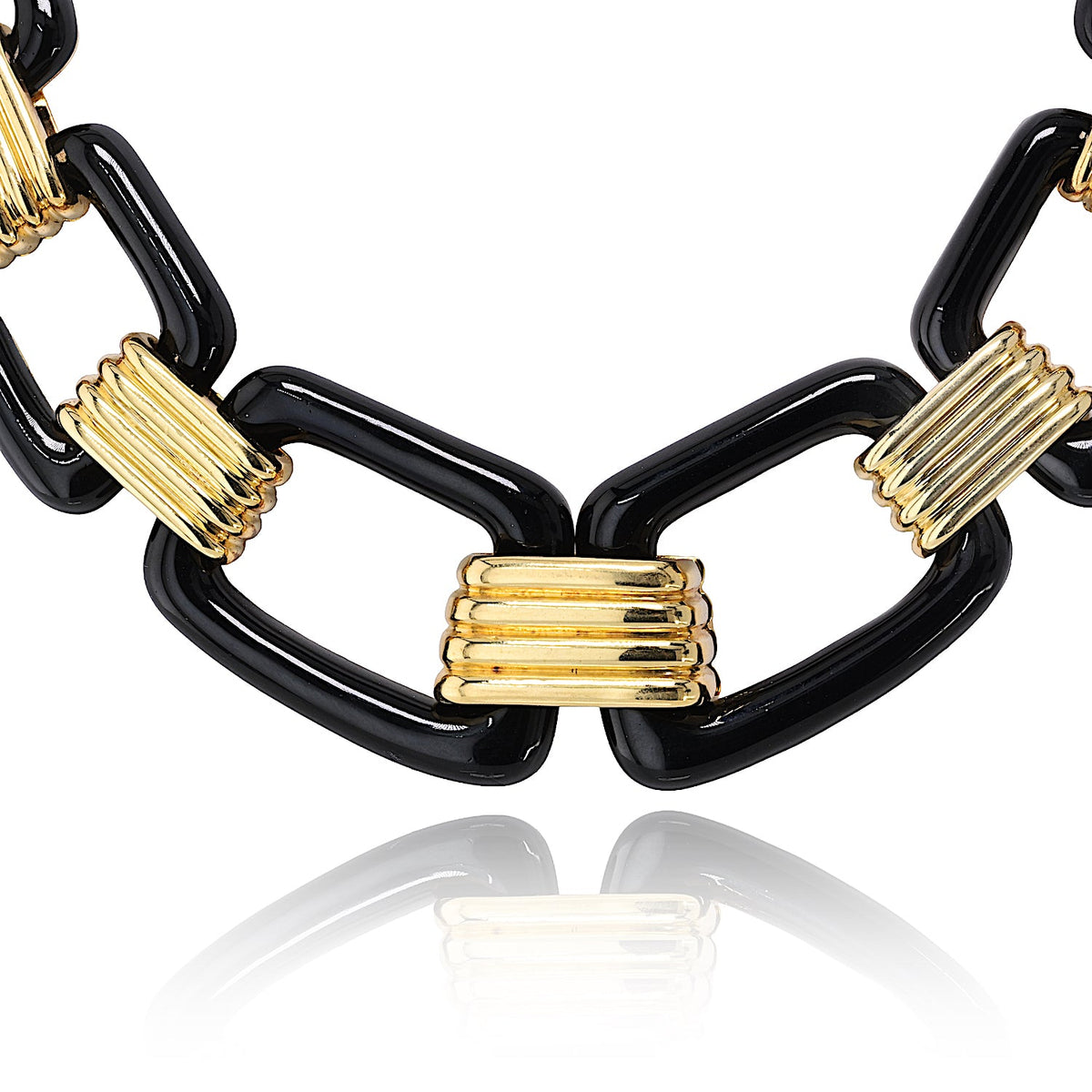 David Webb 18K Yellow Gold Black Enamel Large Link Gold Stations Necklace — view 9 — Laura Milman New York