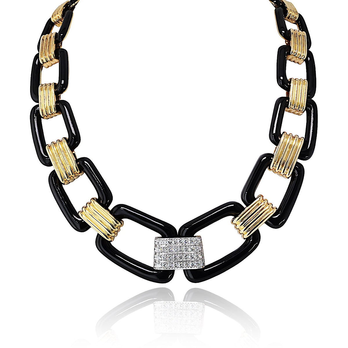 David Webb 18K Yellow Gold Black Enamel Large Link Gold Stations Necklace — Laura Milman New York