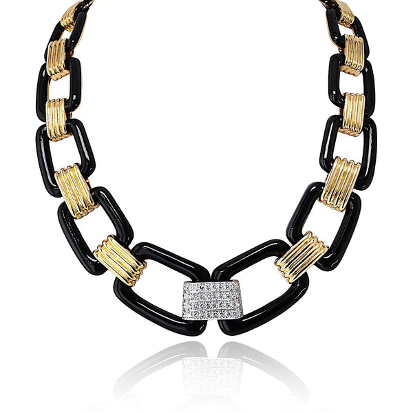 David Webb 18K Yellow Gold Black Enamel Large Link Gold Stations Necklace