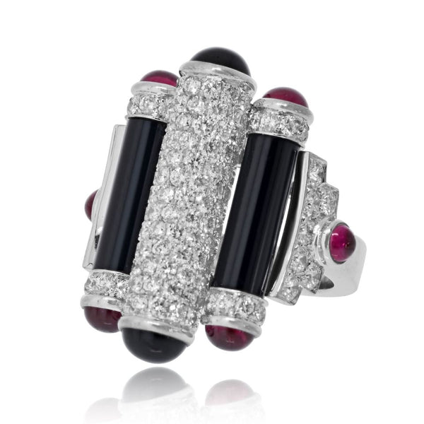 Cartier Rouleaux 18K White Gold Onyx, Ruby And Diamond Ring — view 2