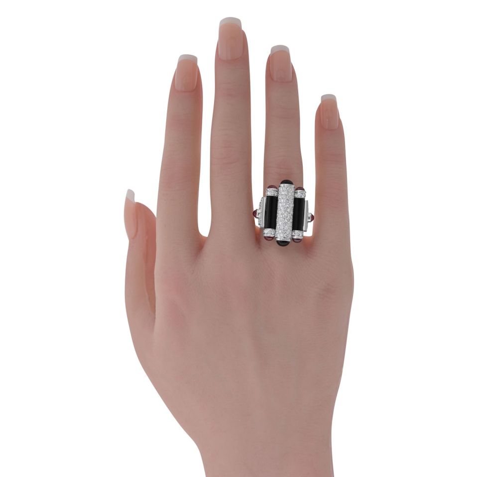 Cartier Rouleaux 18K White Gold Onyx, Ruby And Diamond Ring — view 5 — Laura Milman New York