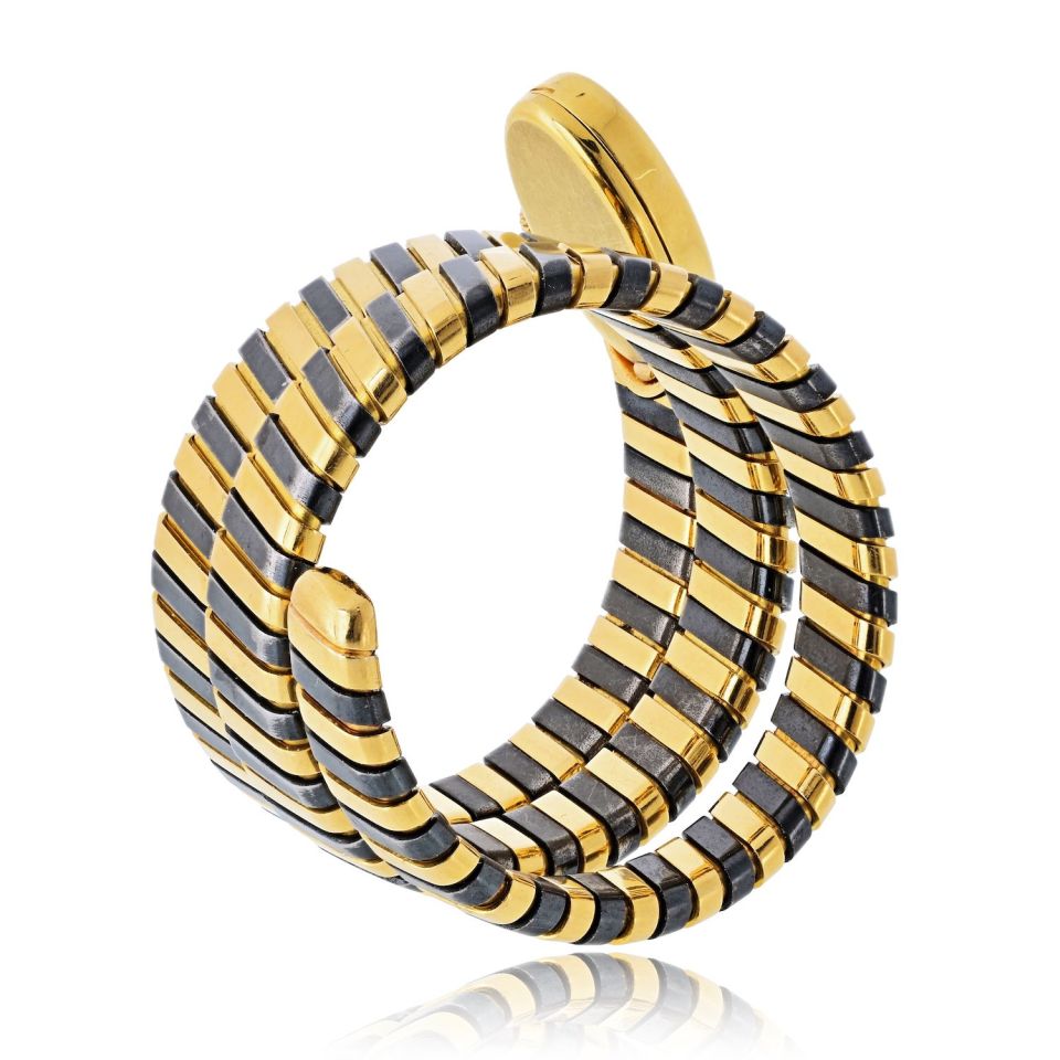 Pre-Owned Bvlgari Serpenti 18K Yellow Gold Blackened Steel Circa 1965 Jaeger Lecoultre Manual Watch — view 4 — Laura Milman New York