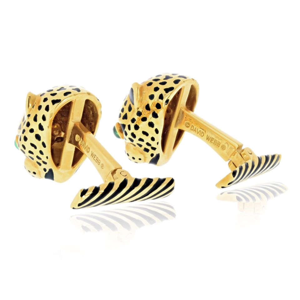 David Webb 18K Yellow Gold Leopard Emerald Eyes With Box Cuff Links — view 3 — Laura Milman New York