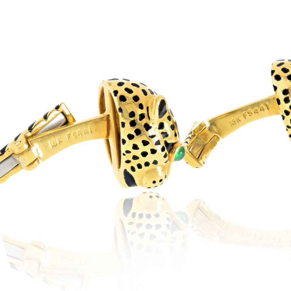 David Webb 18K Yellow Gold Leopard Emerald Eyes With Box Cuff Links — view 6 — Laura Milman New York