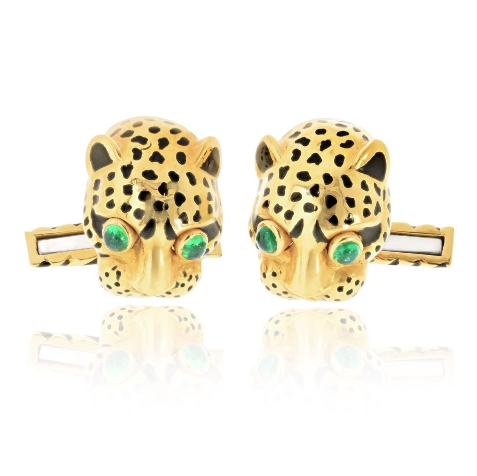 David Webb 18K Yellow Gold Leopard Emerald Eyes With Box Cuff Links — Laura Milman New York