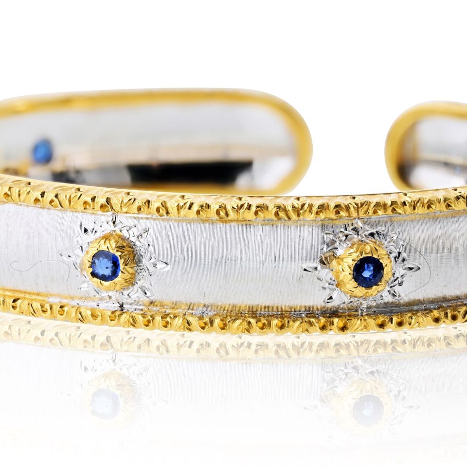 Buccellati 18K Two Tone Capri Macri 7 Sapphire Bangle Bracelet — view 2 — Laura Milman New York