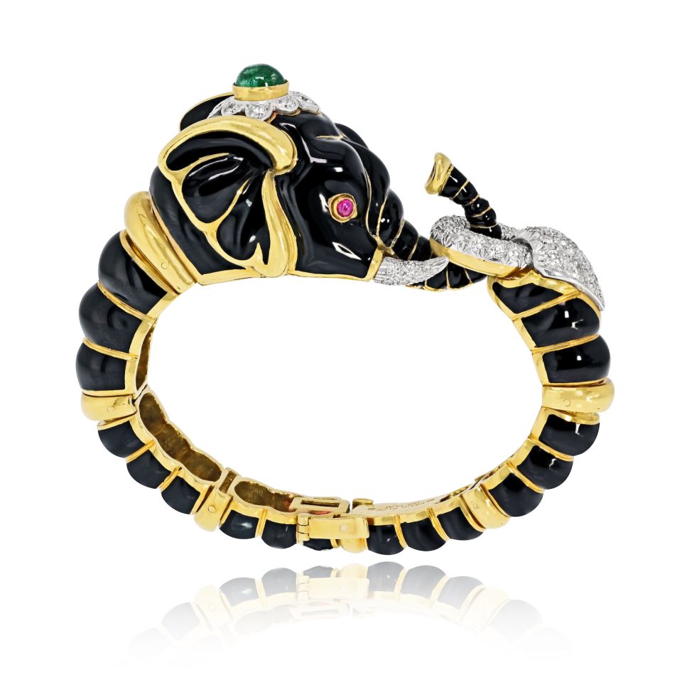 David Webb 18K Yellow Gold Black Enamel Elephant Bracelet — view 2 — Laura Milman New York