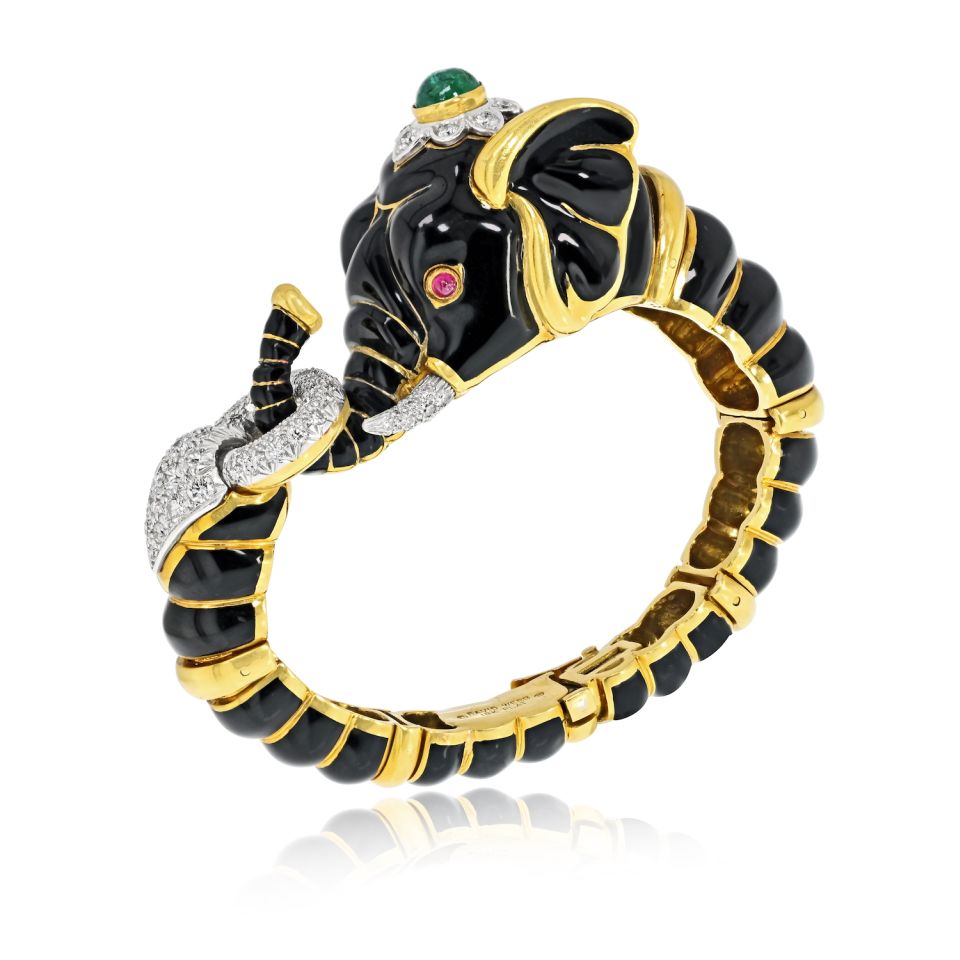 David Webb 18K Yellow Gold Black Enamel Elephant Bracelet — view 3 — Laura Milman New York