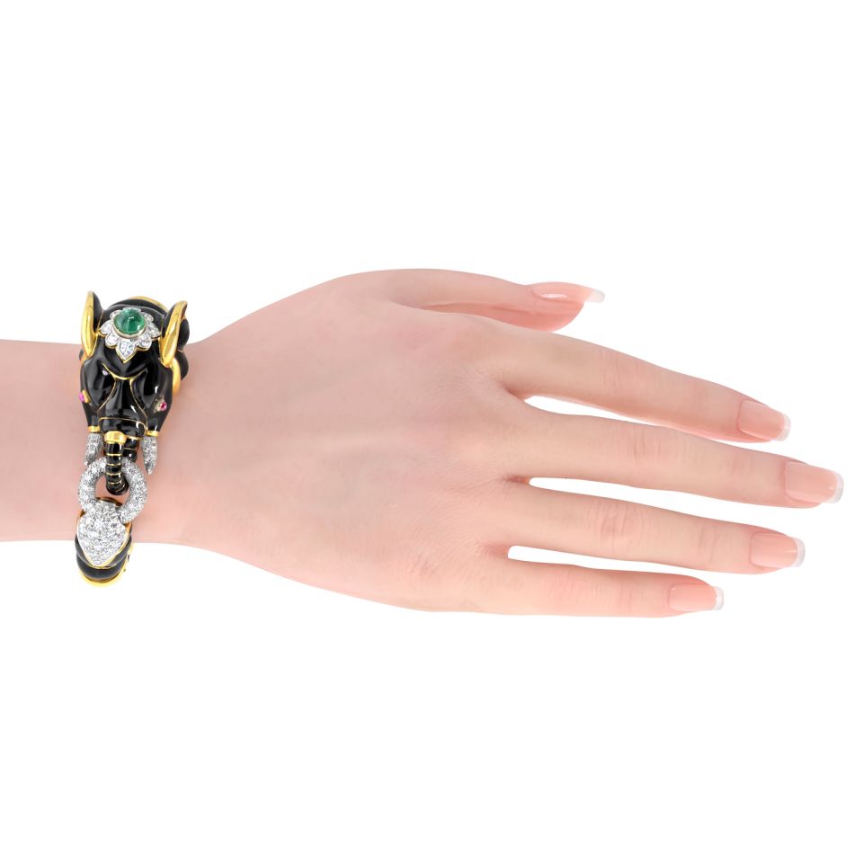 David Webb 18K Yellow Gold Black Enamel Elephant Bracelet — view 5 — Laura Milman New York
