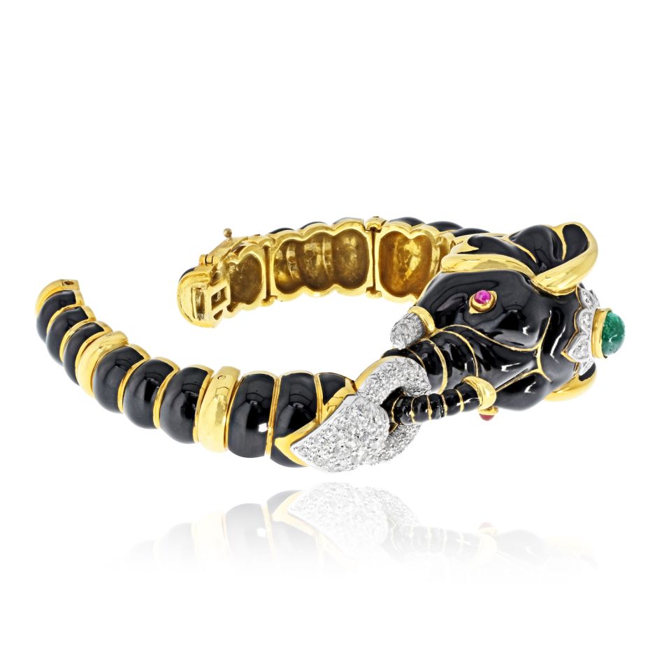 David Webb 18K Yellow Gold Black Enamel Elephant Bracelet — view 6 — Laura Milman New York