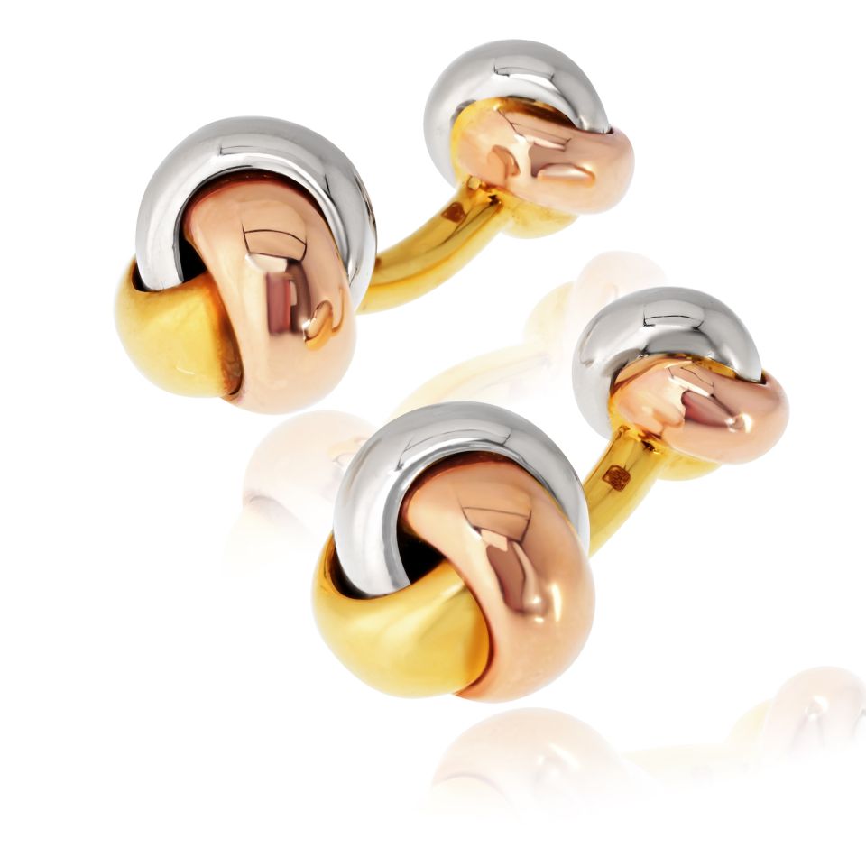 Cartier Trinity 18K Tri Color Classic Knot Cuff Links — view 2 — Laura Milman New York