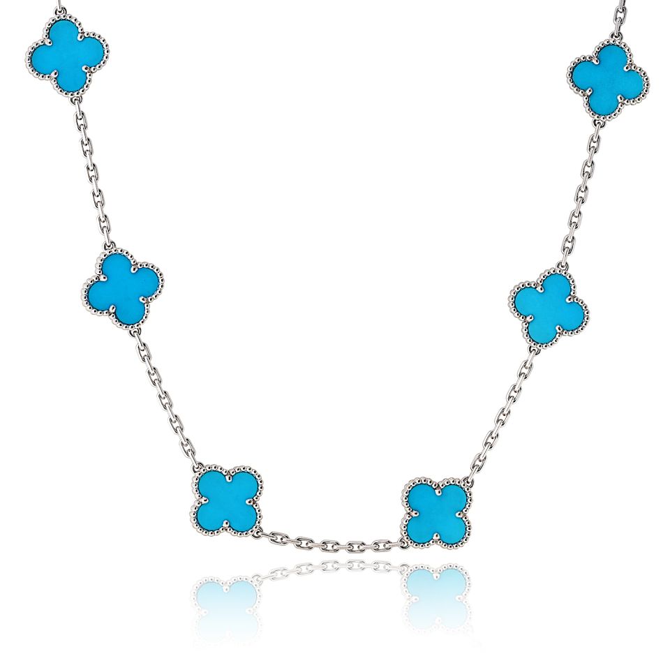 Van Cleef & Arpels Alhambra 18K White Gold 20 Motif Turquoise Necklace — view 4 — Laura Milman New York