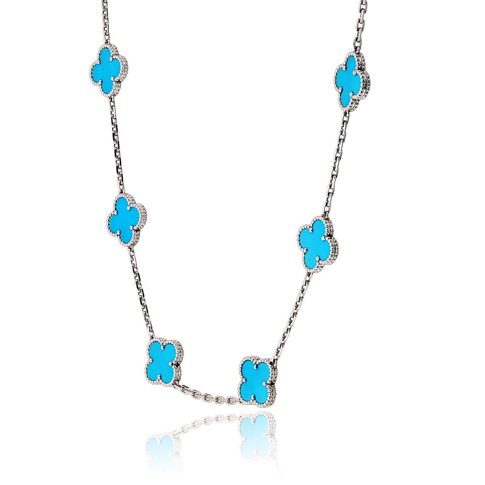 Van Cleef & Arpels Alhambra 18K White Gold 20 Motif Turquoise Necklace — view 5 — Laura Milman New York
