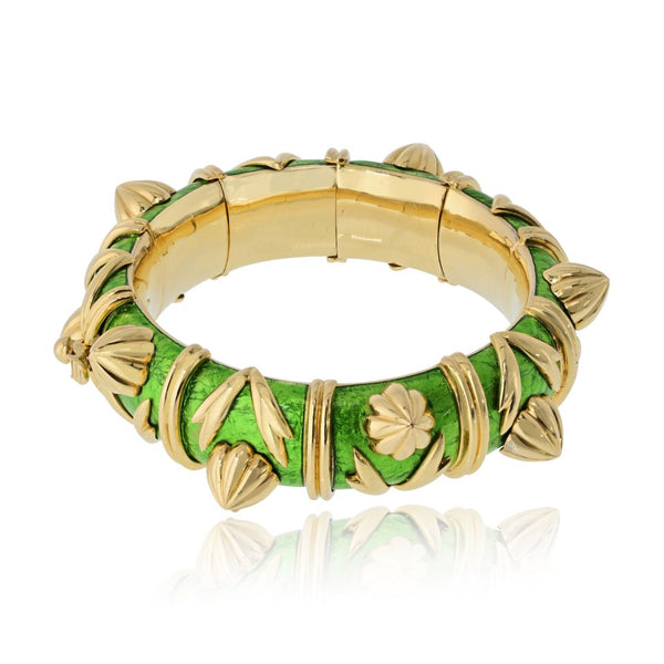 Tiffany & Co. Schlumberger 18K Yellow Gold Green Enamel Cone Losange Acorn Bangle Bracelet — view 2