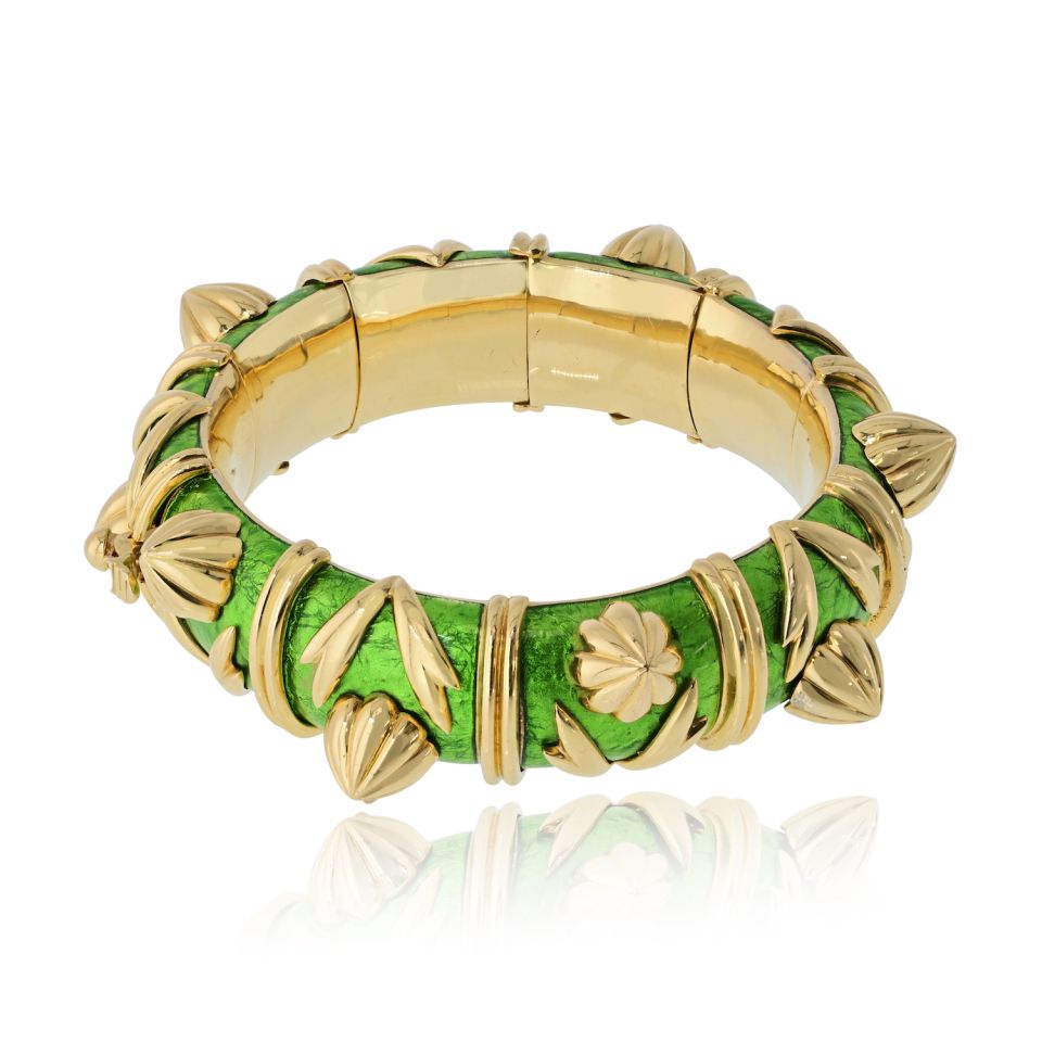 Tiffany & Co. Schlumberger 18K Yellow Gold Green Enamel Cone Losange Acorn Bangle Bracelet — view 2 — Laura Milman New York