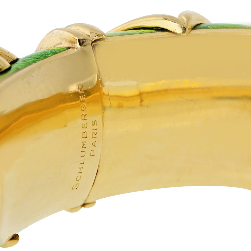 Tiffany & Co. Schlumberger 18K Yellow Gold Green Enamel Cone Losange Acorn Bangle Bracelet — view 6 — Laura Milman New York