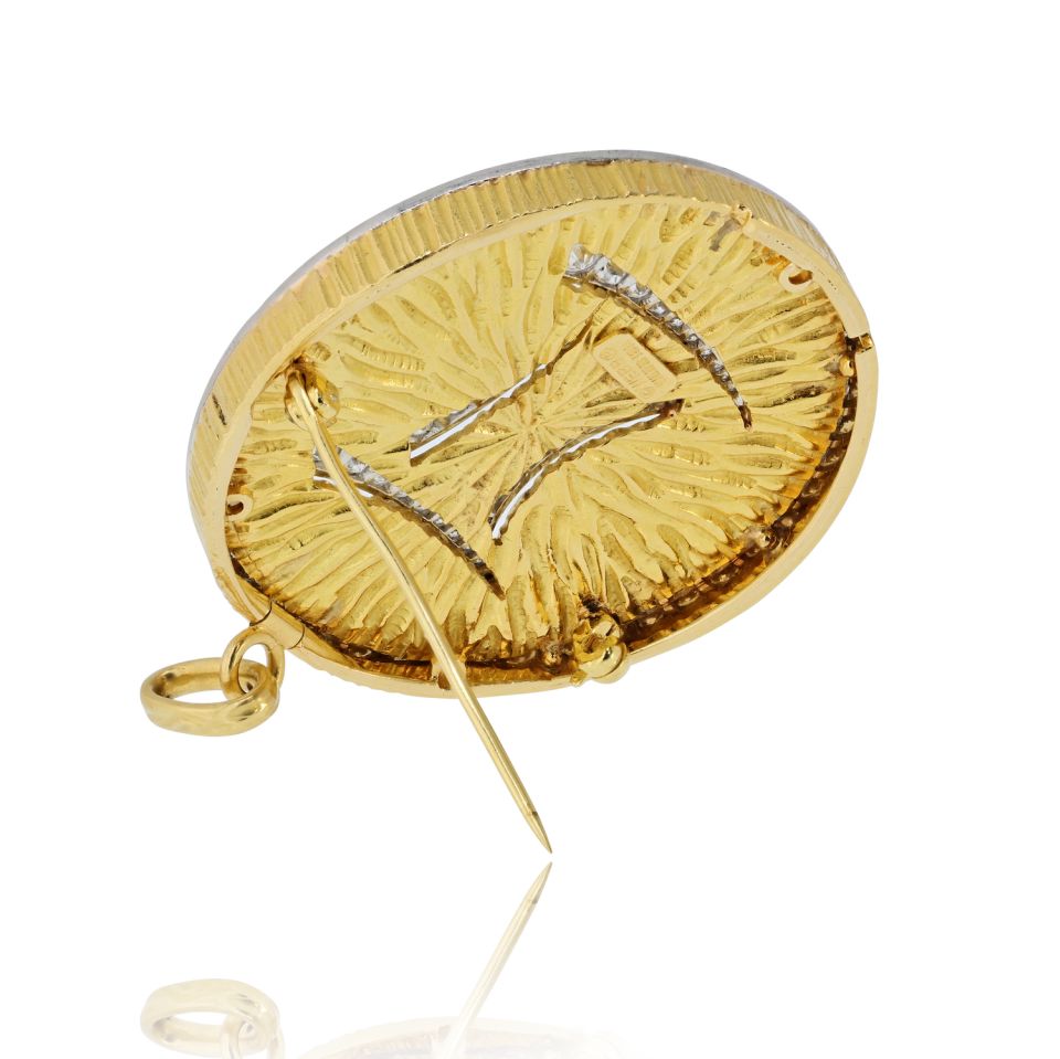 David Webb Gemini Platinum & 18K Yellow Gold Medallion Diamond Zodiac Pendant Brooch — view 3 — Laura Milman New York
