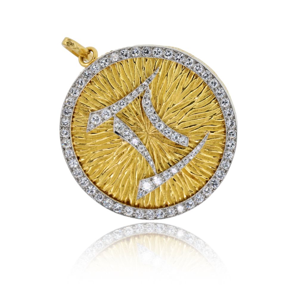David Webb Gemini Platinum & 18K Yellow Gold Medallion Diamond Zodiac Pendant Brooch — view 5 — Laura Milman New York