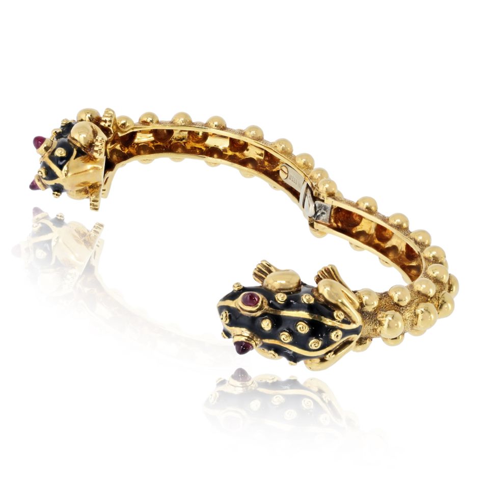 David Webb 18K Yellow Gold Double Frog Black Enamel Ruby Eyes Bangle Bracelet — view 6 — Laura Milman New York