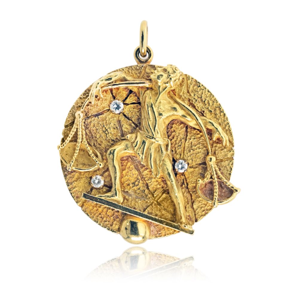 Tiffany & Co. 18K Yellow Gold Zodiac Libra 1970's 44.5mm Diamond Medallion Pendant — Laura Milman New York