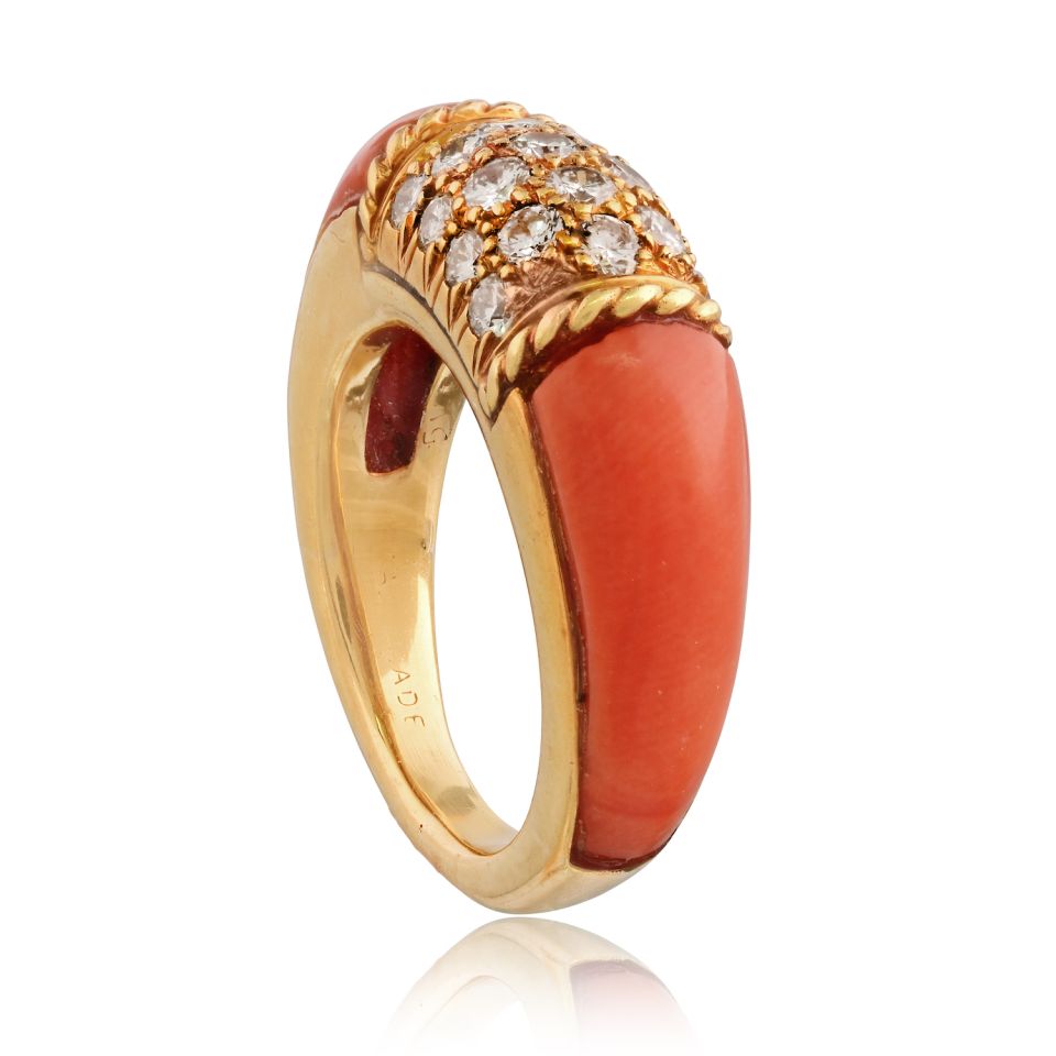 Van Cleef & Arpels 18K Yellow Gold Coral Diamond Philippine Ring — view 2 — Laura Milman New York
