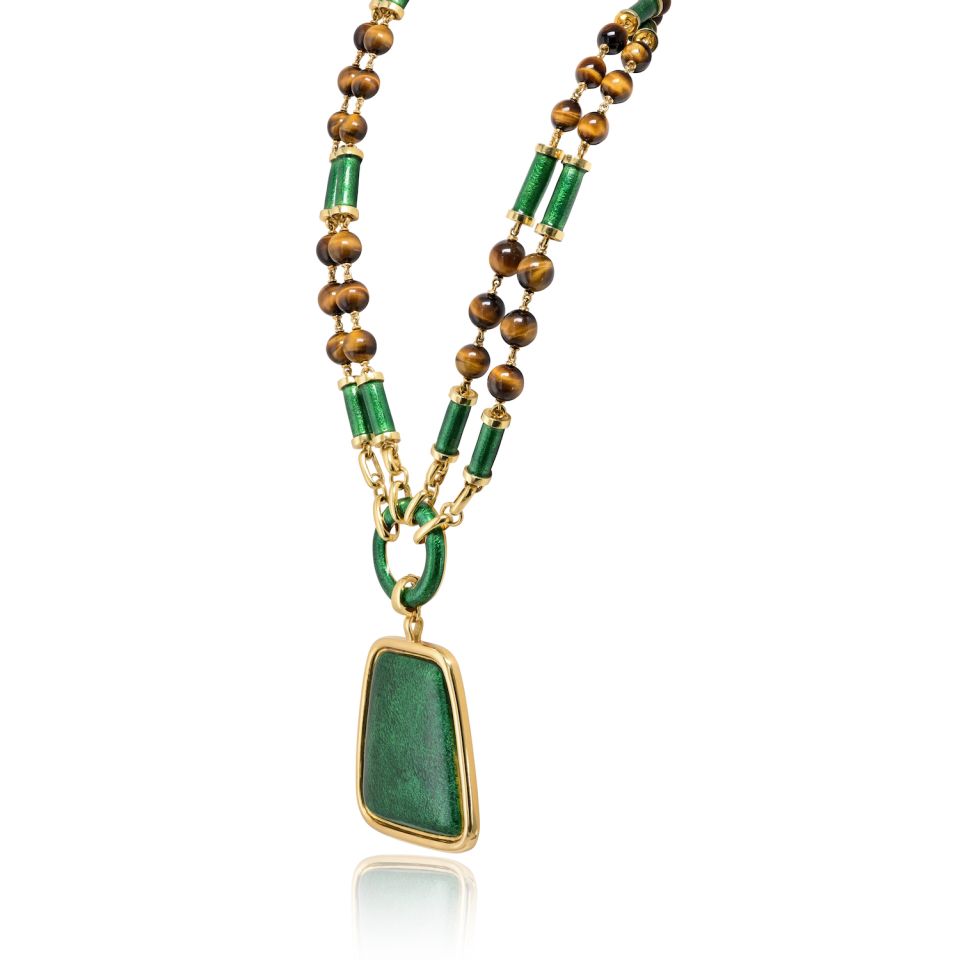 David Webb 18K Yellow Gold Green Enamel And Tiger Eye Sautoir Necklace — view 3 — Laura Milman New York