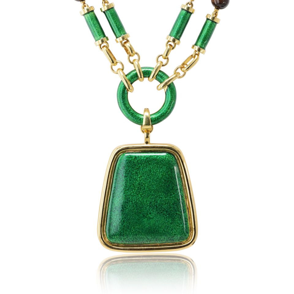 David Webb 18K Yellow Gold Green Enamel And Tiger Eye Sautoir Necklace — view 4 — Laura Milman New York