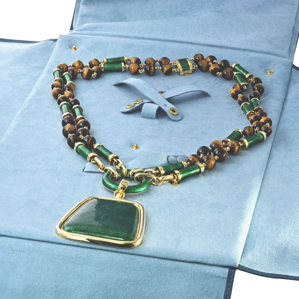 David Webb 18K Yellow Gold Green Enamel And Tiger Eye Sautoir Necklace — view 7 — Laura Milman New York