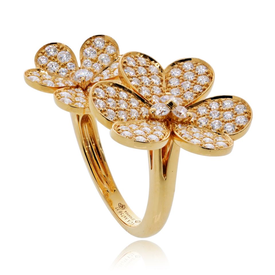 Van Cleef & Arpels Frivole 18K Yellow Gold Diamond Flower In Between The Finger Ring — Laura Milman New York