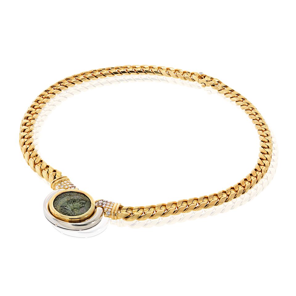 Bvlgari Coin 18K Two Tone Caracalla 198-211ad Diamond Ruby Coin Necklace — view 2 — Laura Milman New York