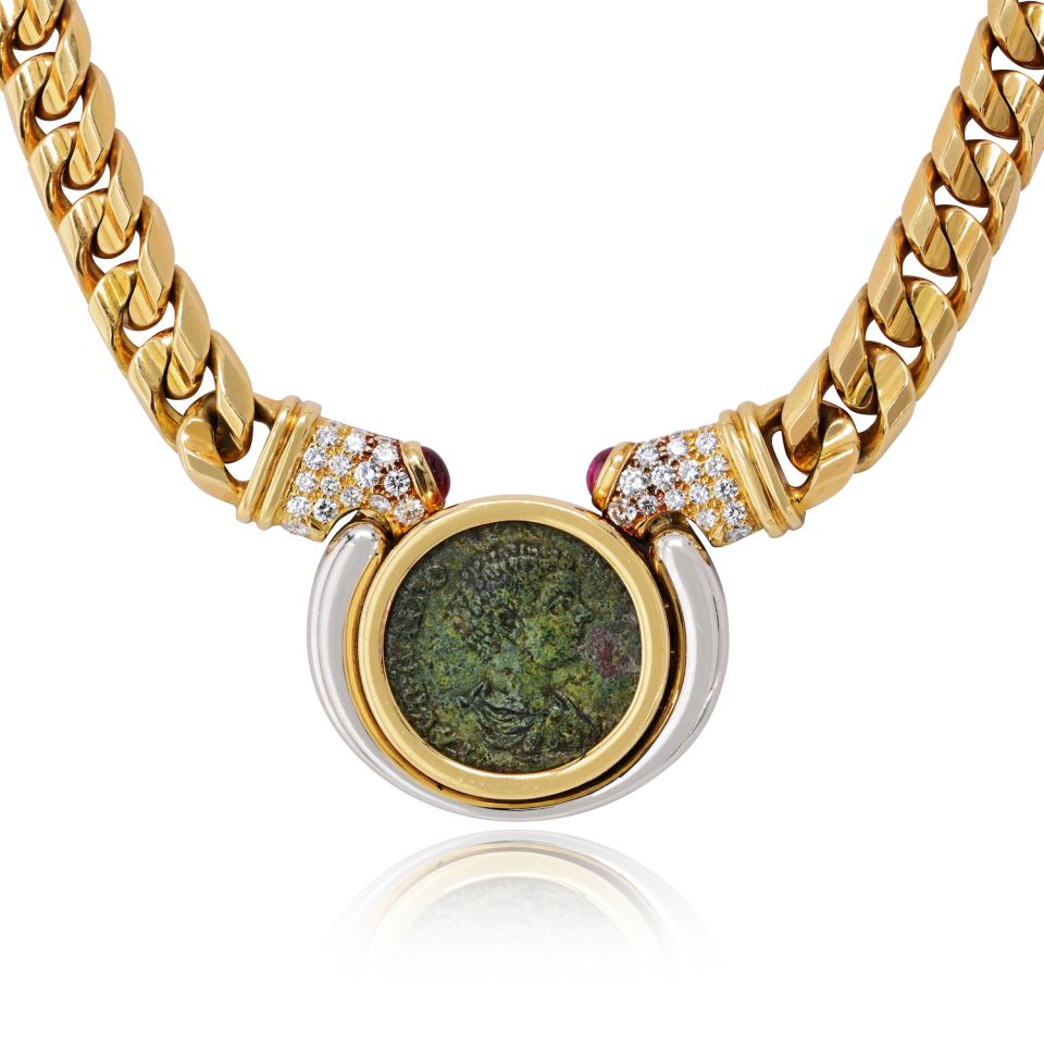 Bvlgari Coin 18K Two Tone Caracalla 198-211ad Diamond Ruby Coin Necklace — view 4 — Laura Milman New York